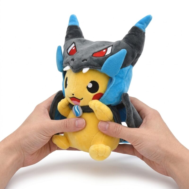 Peluche Pikachu Dracaufeu X sostenida en las manos