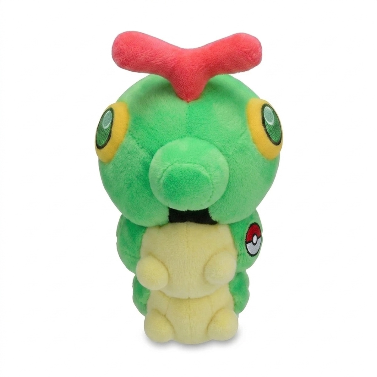 Caterpie Peluche con insignia que prueba la autenticidad del producto.