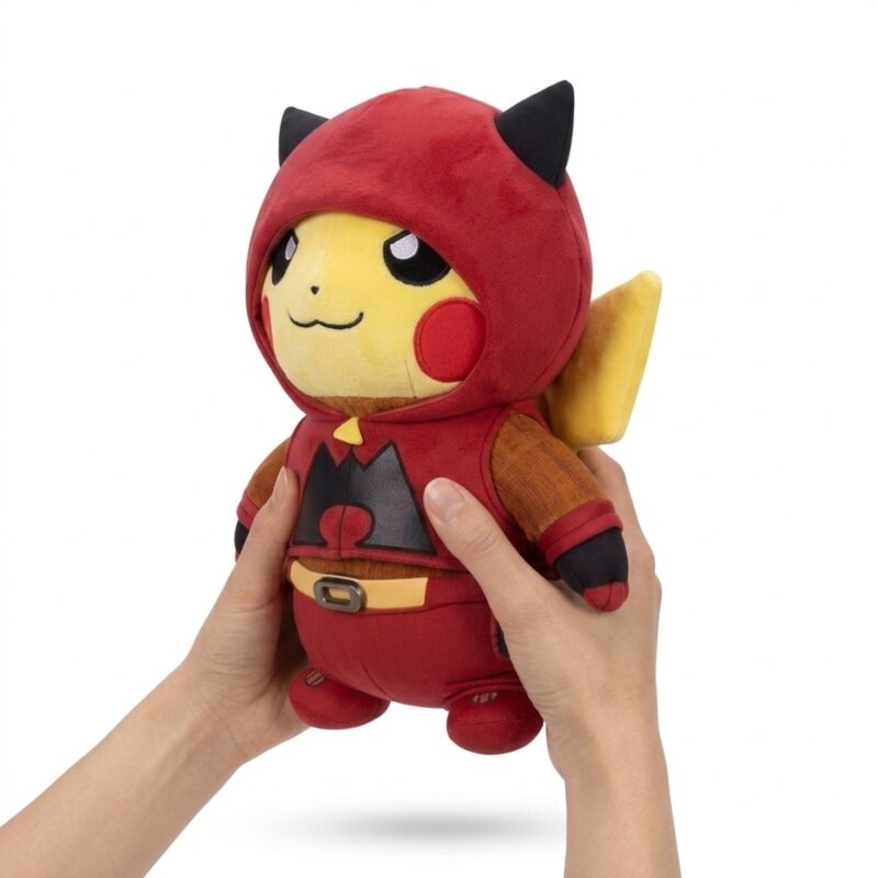 Pikachu Team Magma Peluche sostenida en las manos
